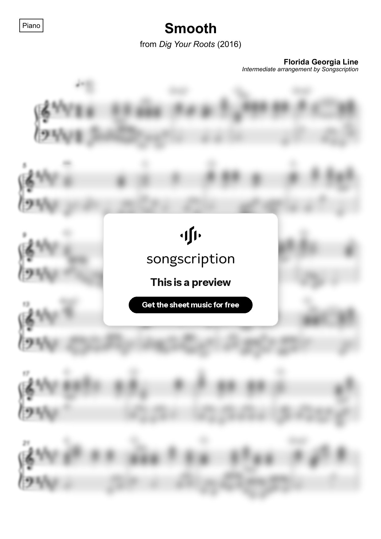 Intermediate Piano Sheet Music for "Smooth" by Florida Georgia Line