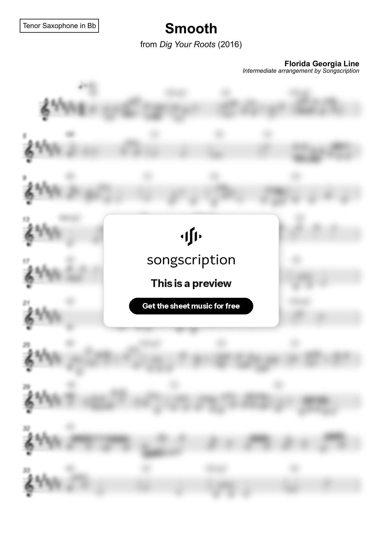 Intermediate Tenor Sax Sheet Music for "Smooth" by Florida Georgia Line