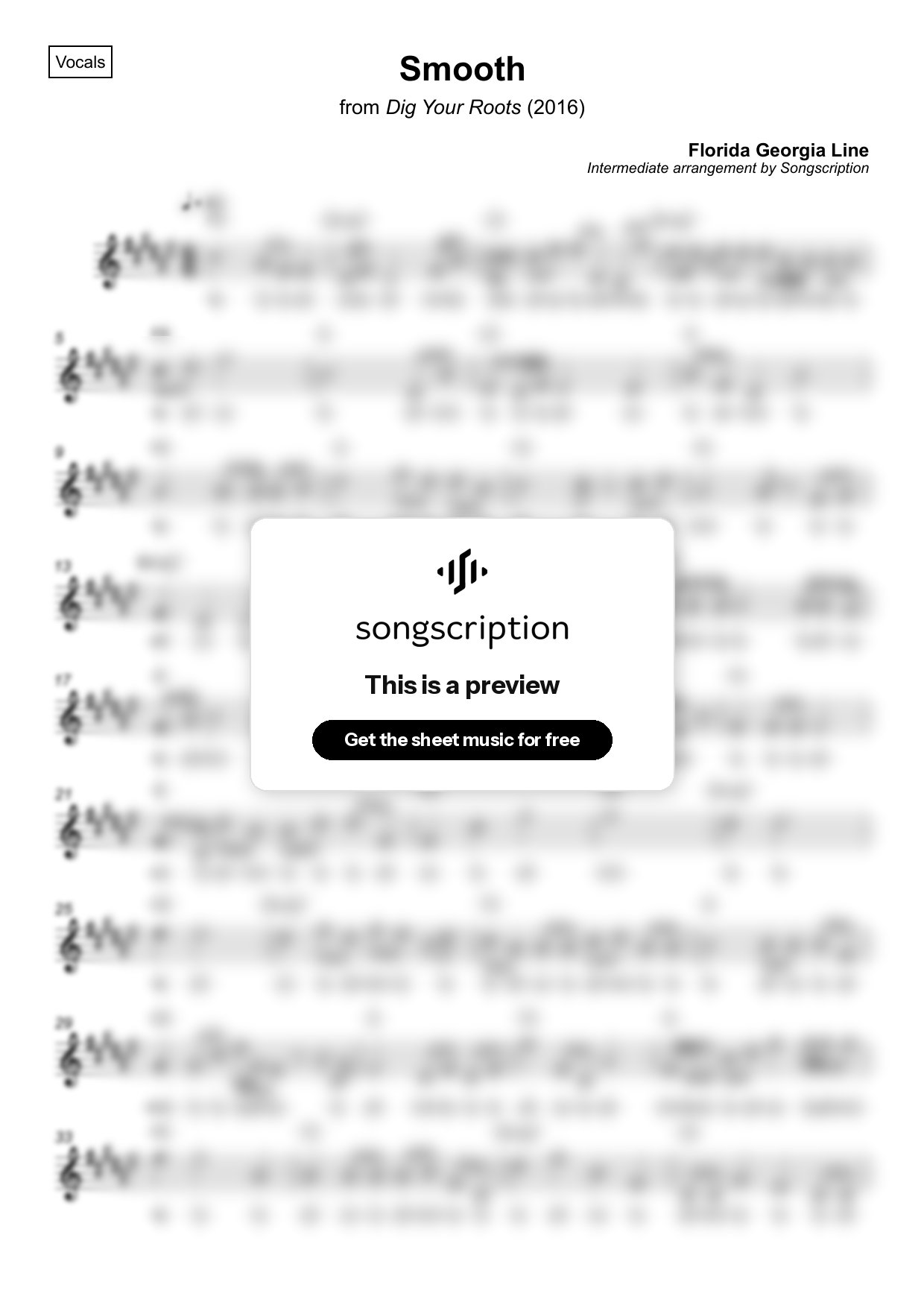 Intermediate Vocals Sheet Music for "Smooth" by Florida Georgia Line