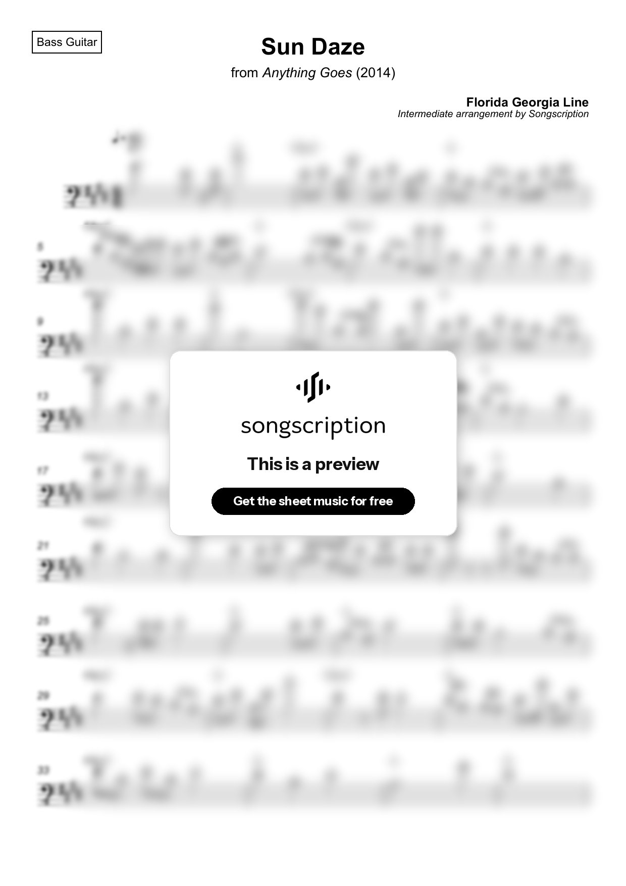 Intermediate Bass Guitar Sheet Music for "Sun Daze" by Florida Georgia Line