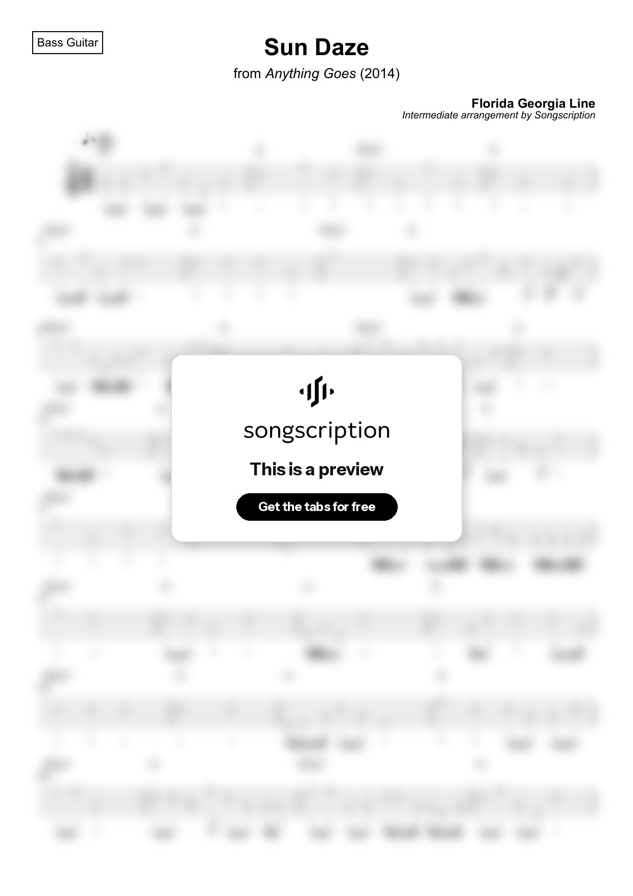 Intermediate Bass Guitar Tabs for "Sun Daze" by Florida Georgia Line