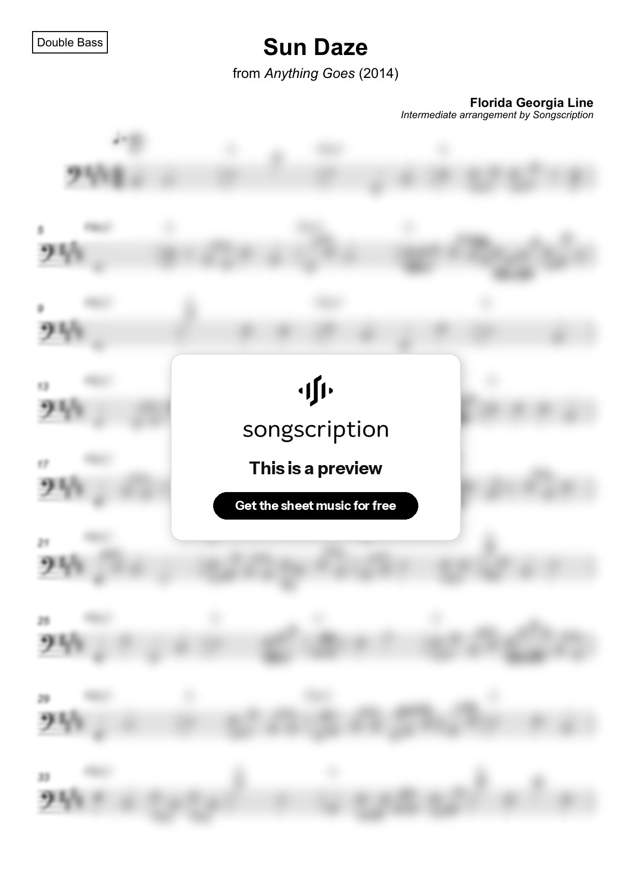 Intermediate Double Bass Sheet Music for "Sun Daze" by Florida Georgia Line