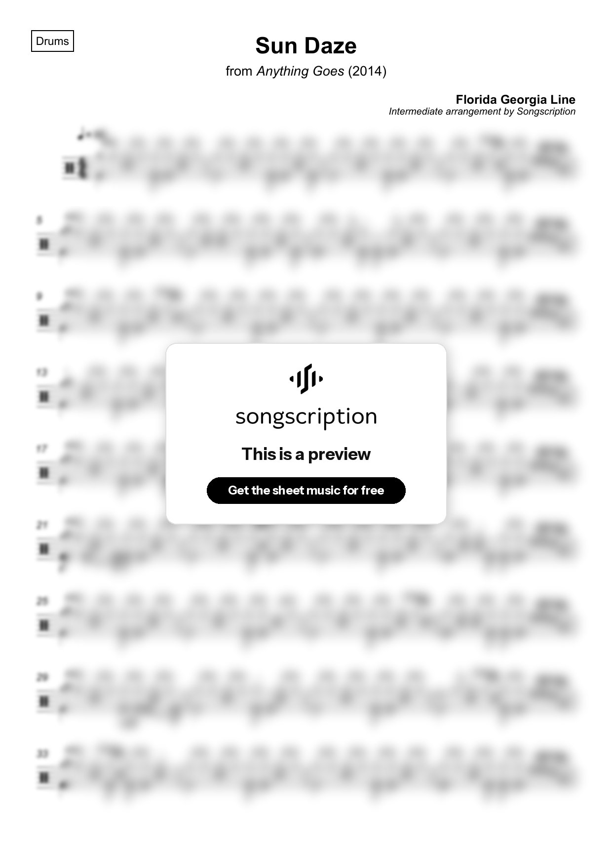 Intermediate Drums Sheet Music for "Sun Daze" by Florida Georgia Line