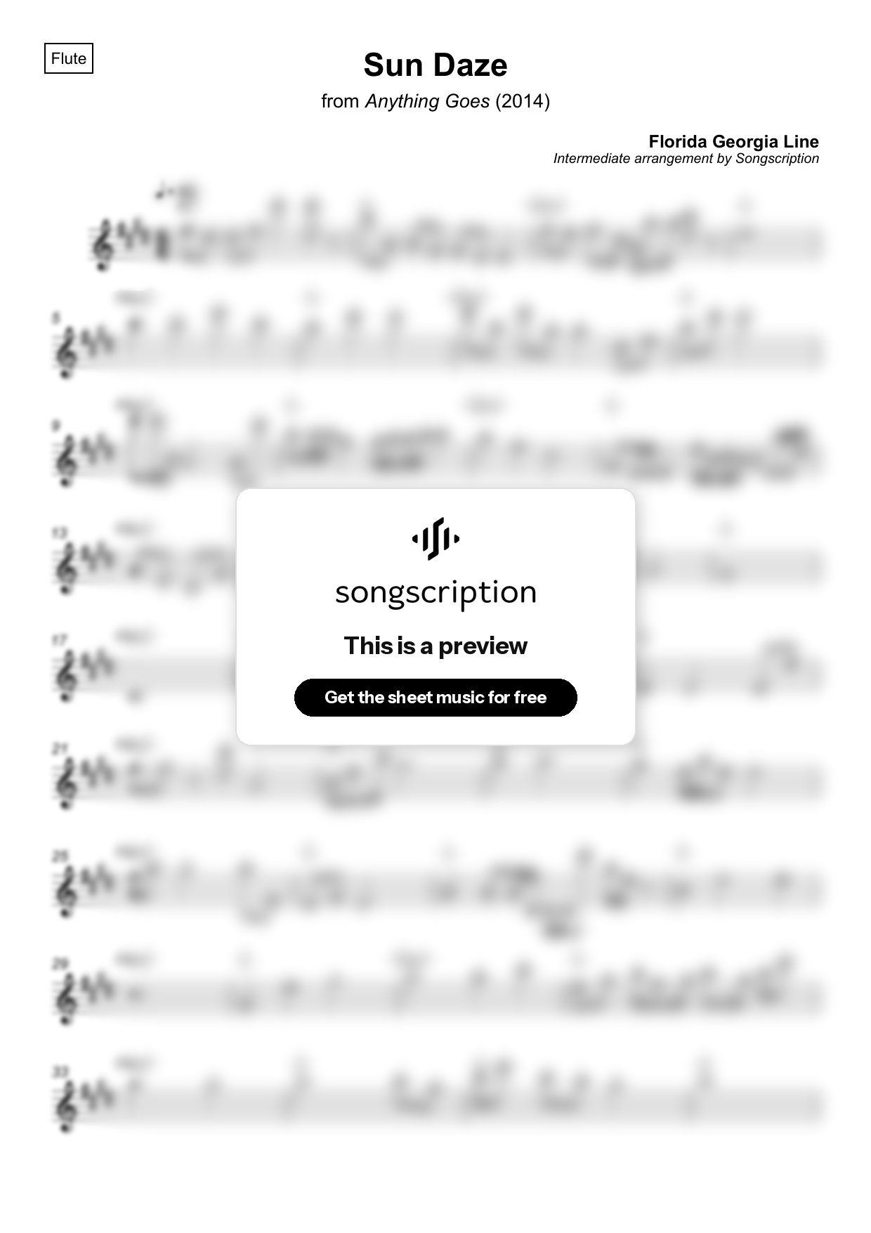 Intermediate Flute Sheet Music for "Sun Daze" by Florida Georgia Line
