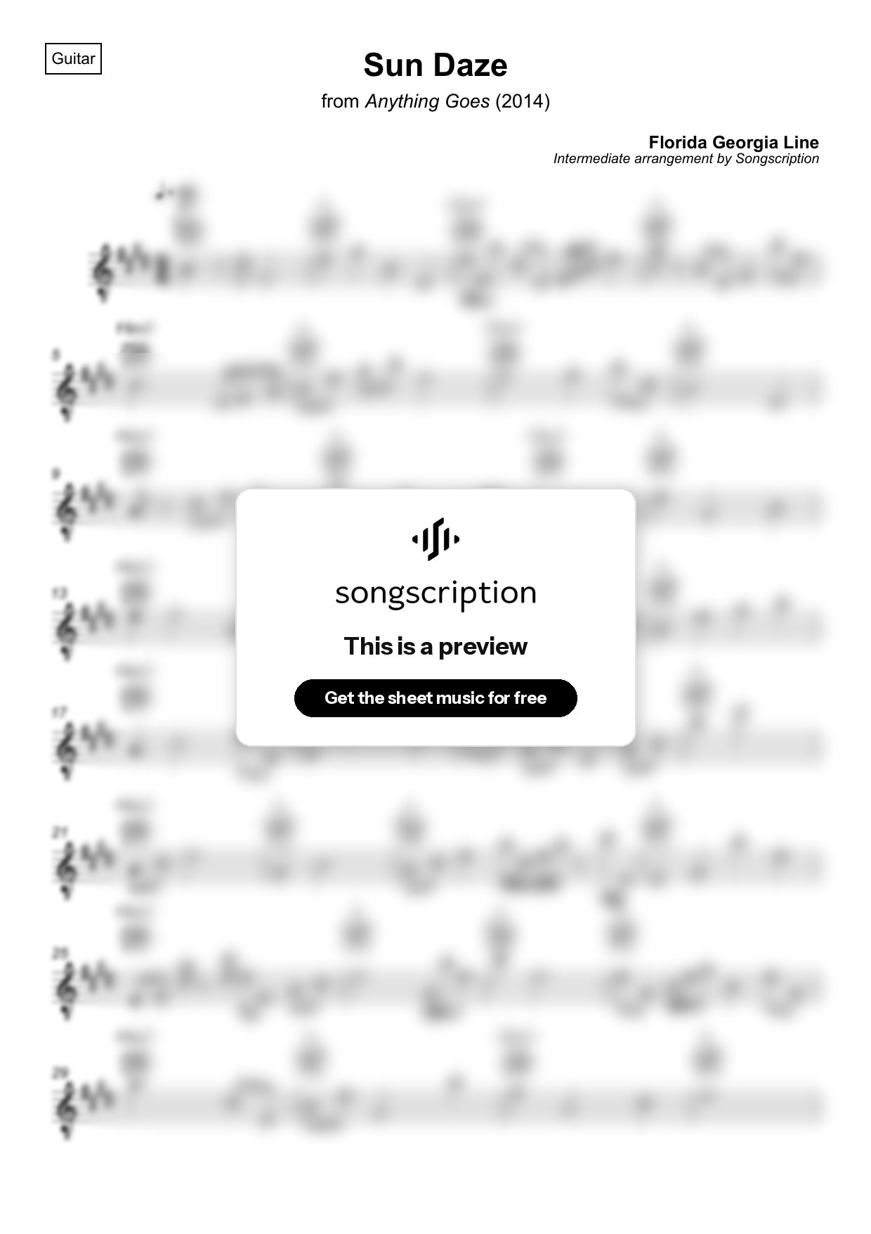 Intermediate Acoustic Guitar Sheet Music for "Sun Daze" by Florida Georgia Line