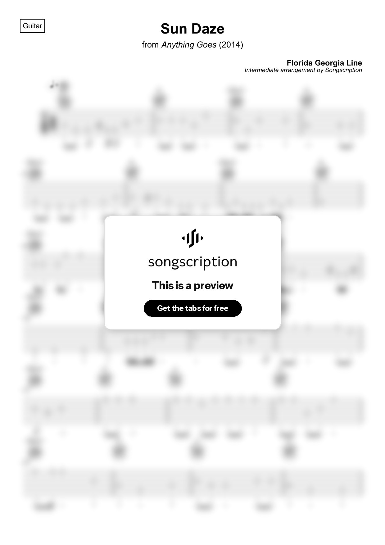 Intermediate Acoustic Guitar Tabs for "Sun Daze" by Florida Georgia Line