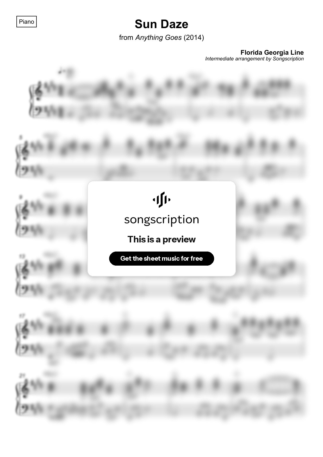Intermediate Piano Sheet Music for "Sun Daze" by Florida Georgia Line