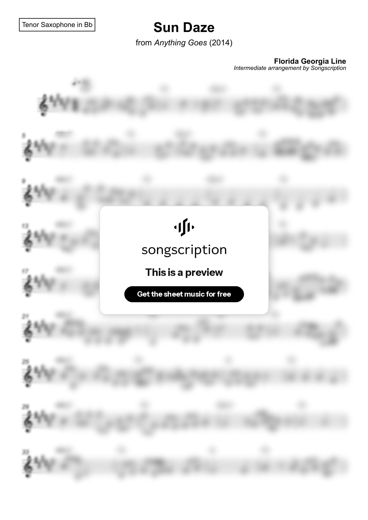 Intermediate Tenor Sax Sheet Music for "Sun Daze" by Florida Georgia Line