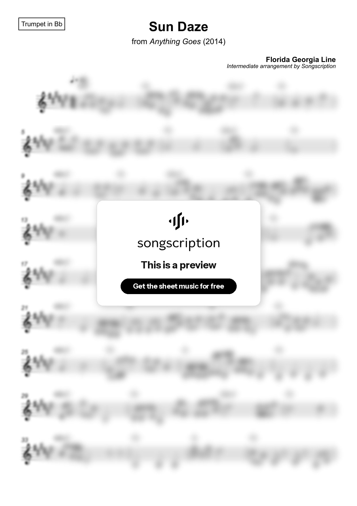 Intermediate Trumpet Sheet Music for "Sun Daze" by Florida Georgia Line