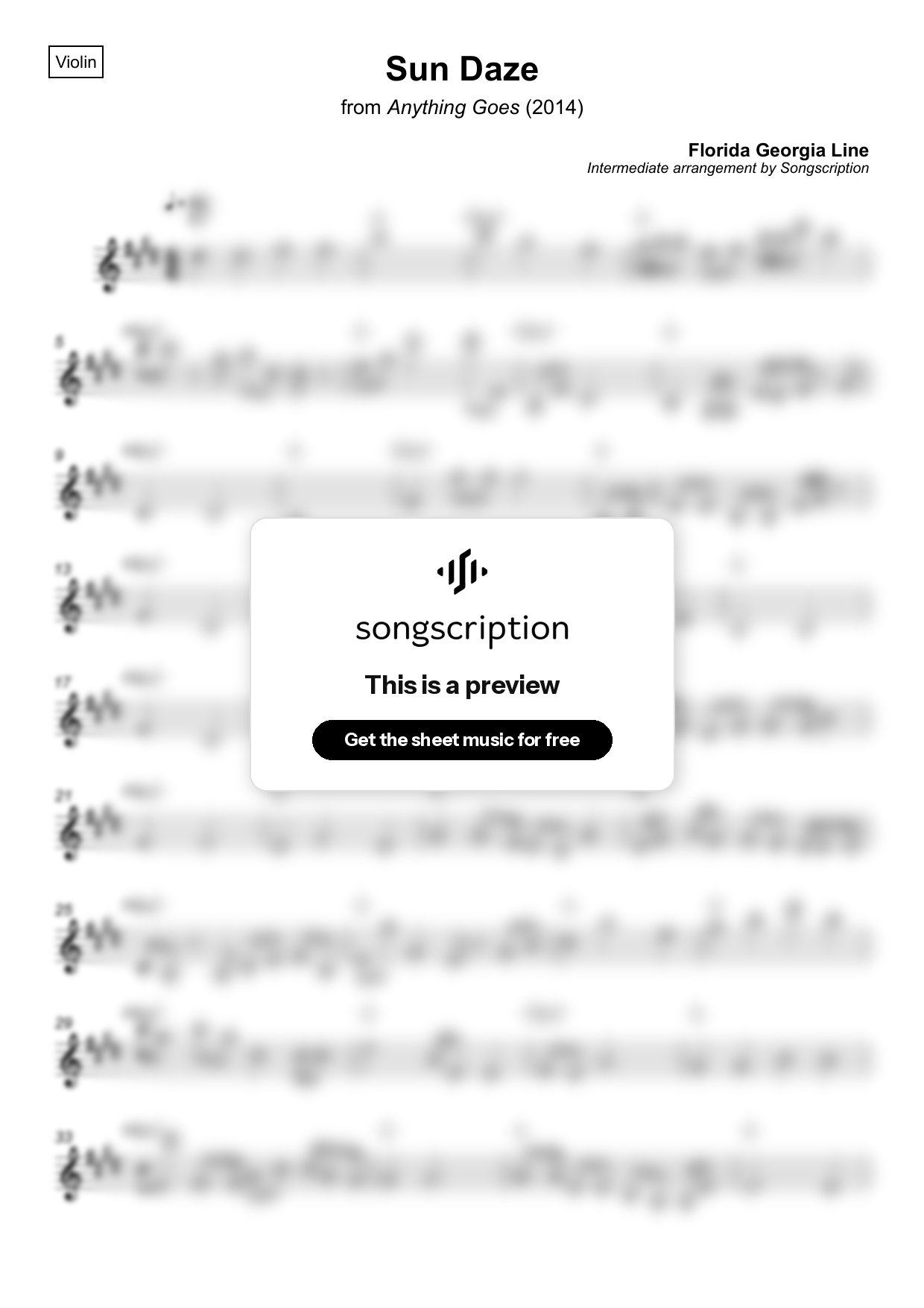 Intermediate Violin Sheet Music for "Sun Daze" by Florida Georgia Line