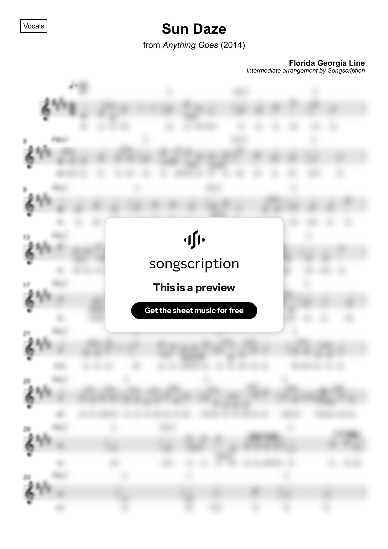 Intermediate Vocals Sheet Music for "Sun Daze" by Florida Georgia Line