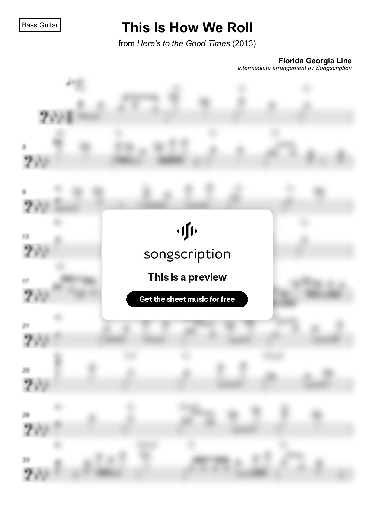 Intermediate Bass Guitar Sheet Music for "This Is How We Roll" by Florida Georgia Line