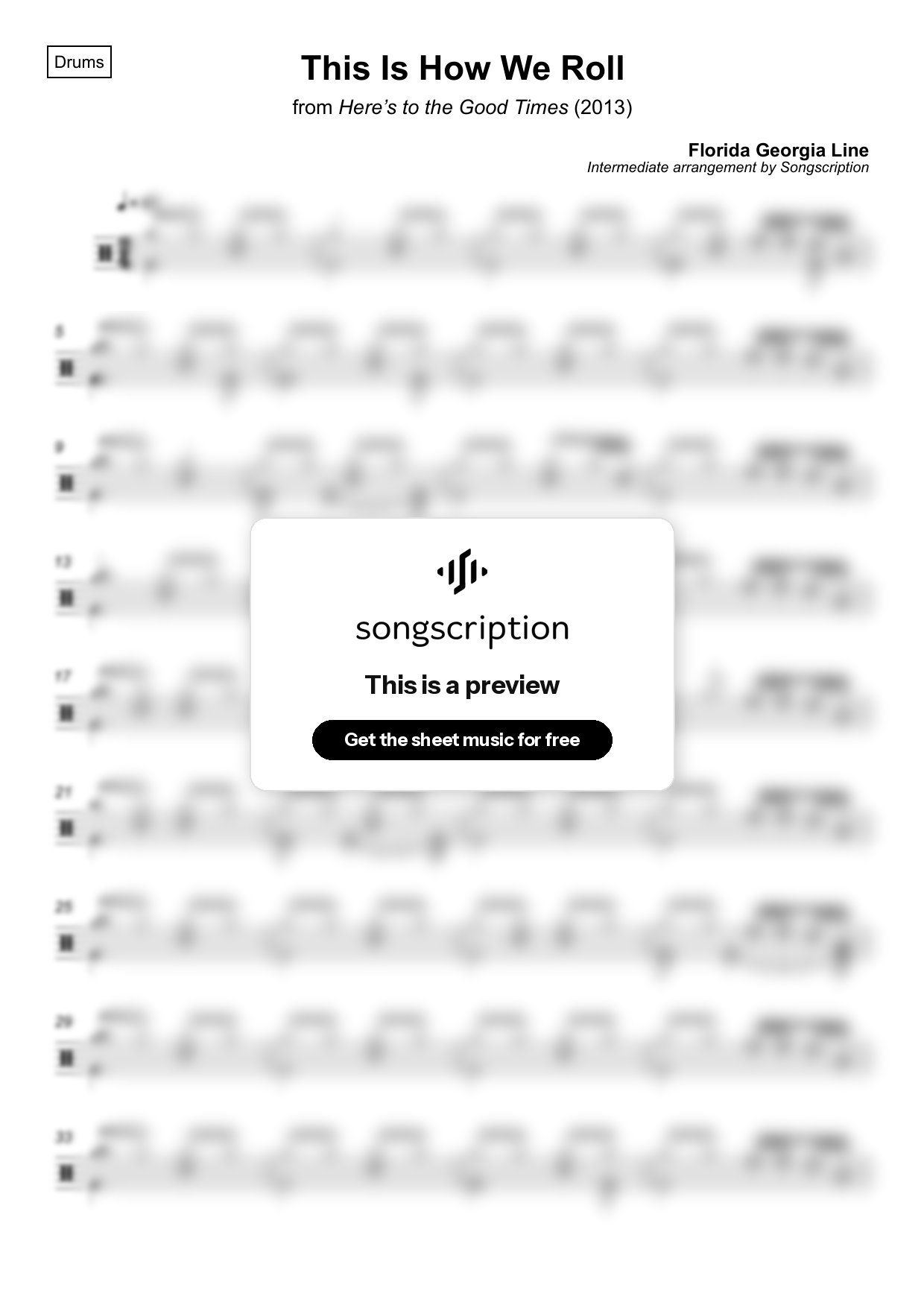 Intermediate Drums Sheet Music for "This Is How We Roll" by Florida Georgia Line