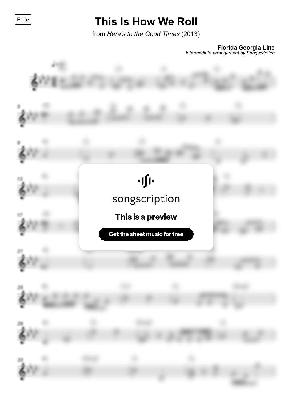 Intermediate Flute Sheet Music for "This Is How We Roll" by Florida Georgia Line