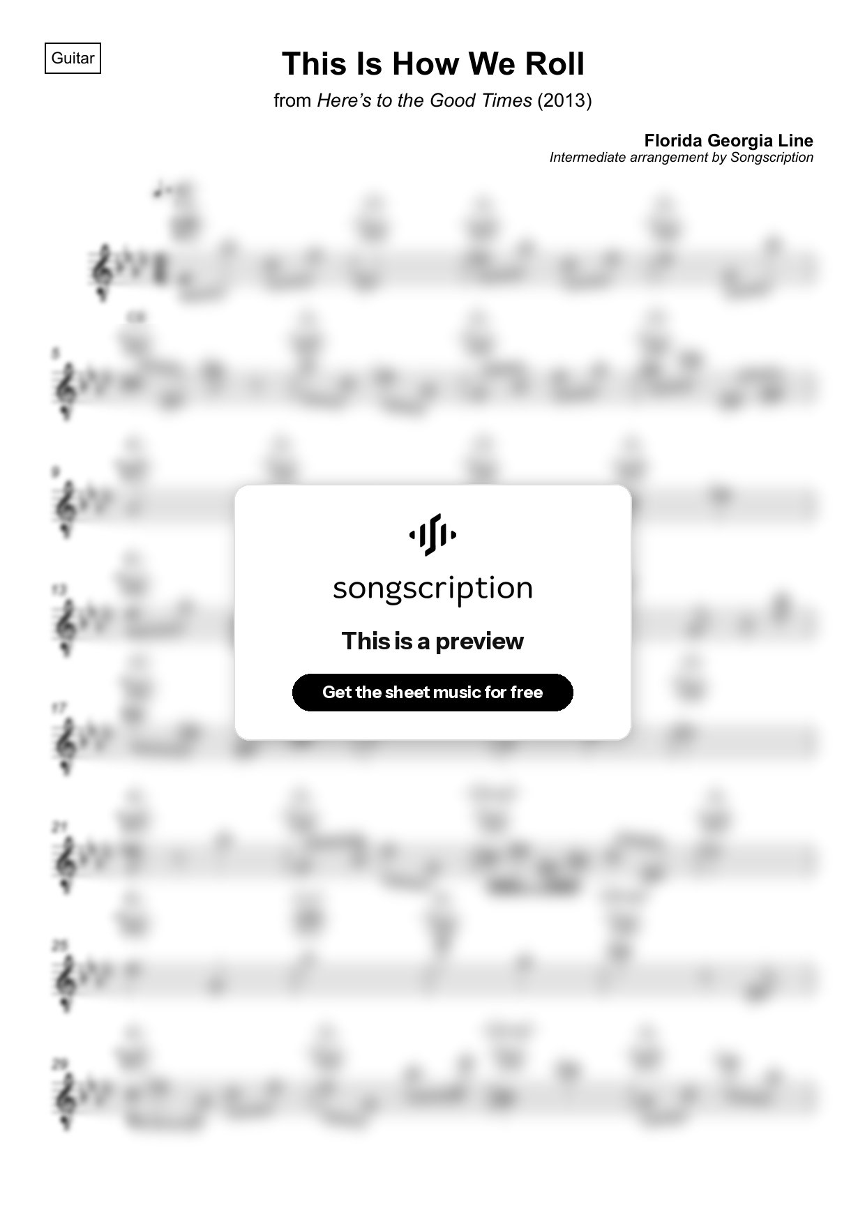 Intermediate Acoustic Guitar Sheet Music for "This Is How We Roll" by Florida Georgia Line