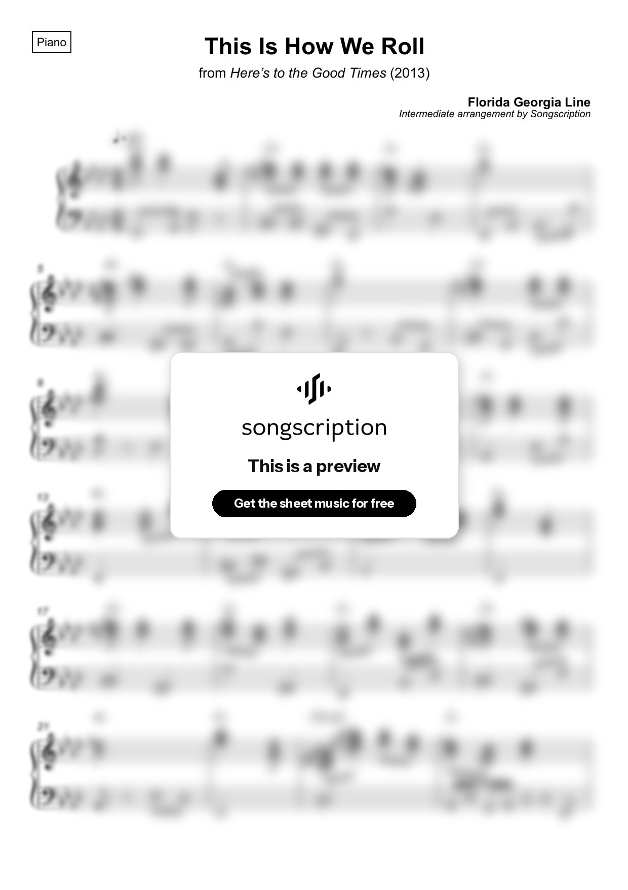 Intermediate Piano Sheet Music for "This Is How We Roll" by Florida Georgia Line