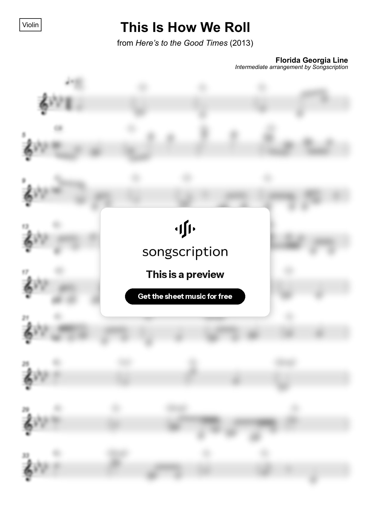 Intermediate Violin Sheet Music for "This Is How We Roll" by Florida Georgia Line