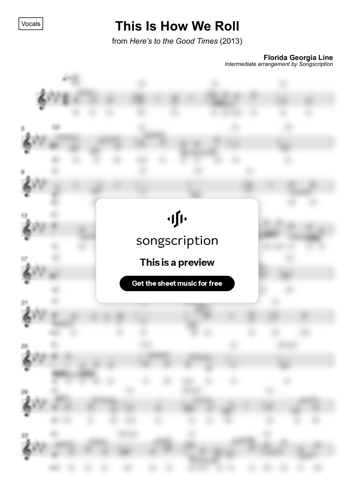 Intermediate Vocals Sheet Music for "This Is How We Roll" by Florida Georgia Line