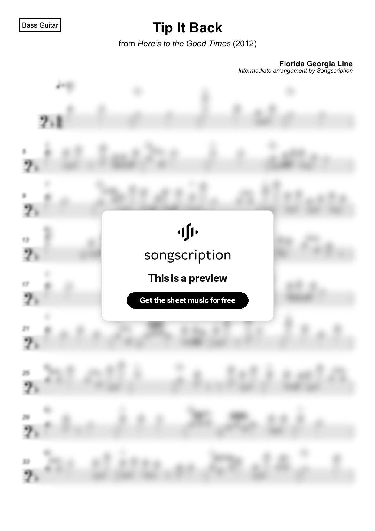 Intermediate Bass Guitar Sheet Music for "Tip It Back" by Florida Georgia Line