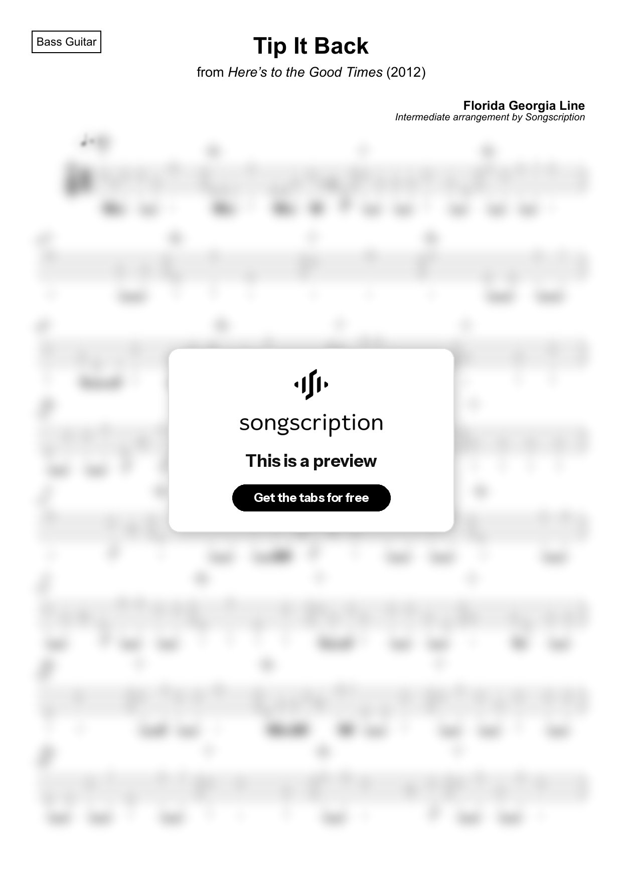 Intermediate Bass Guitar Tabs for "Tip It Back" by Florida Georgia Line
