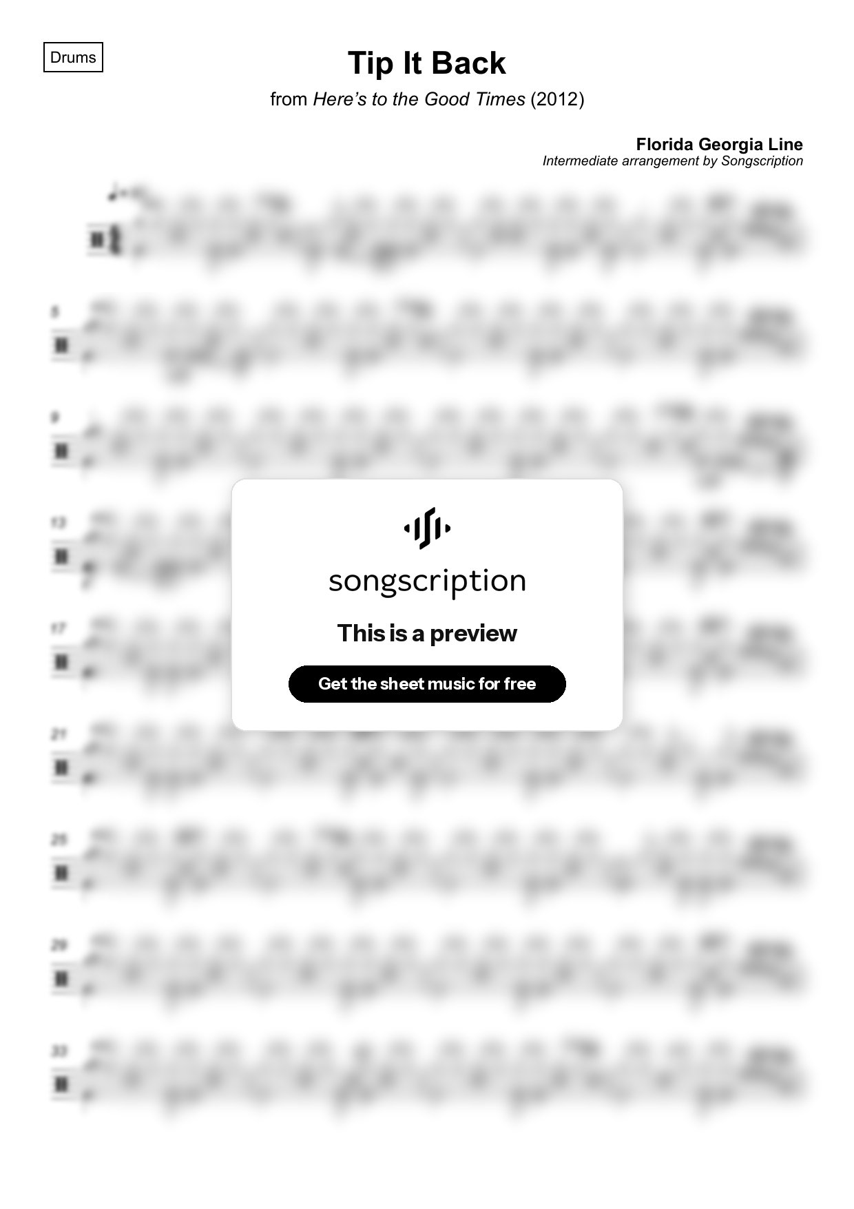 Intermediate Drums Sheet Music for "Tip It Back" by Florida Georgia Line