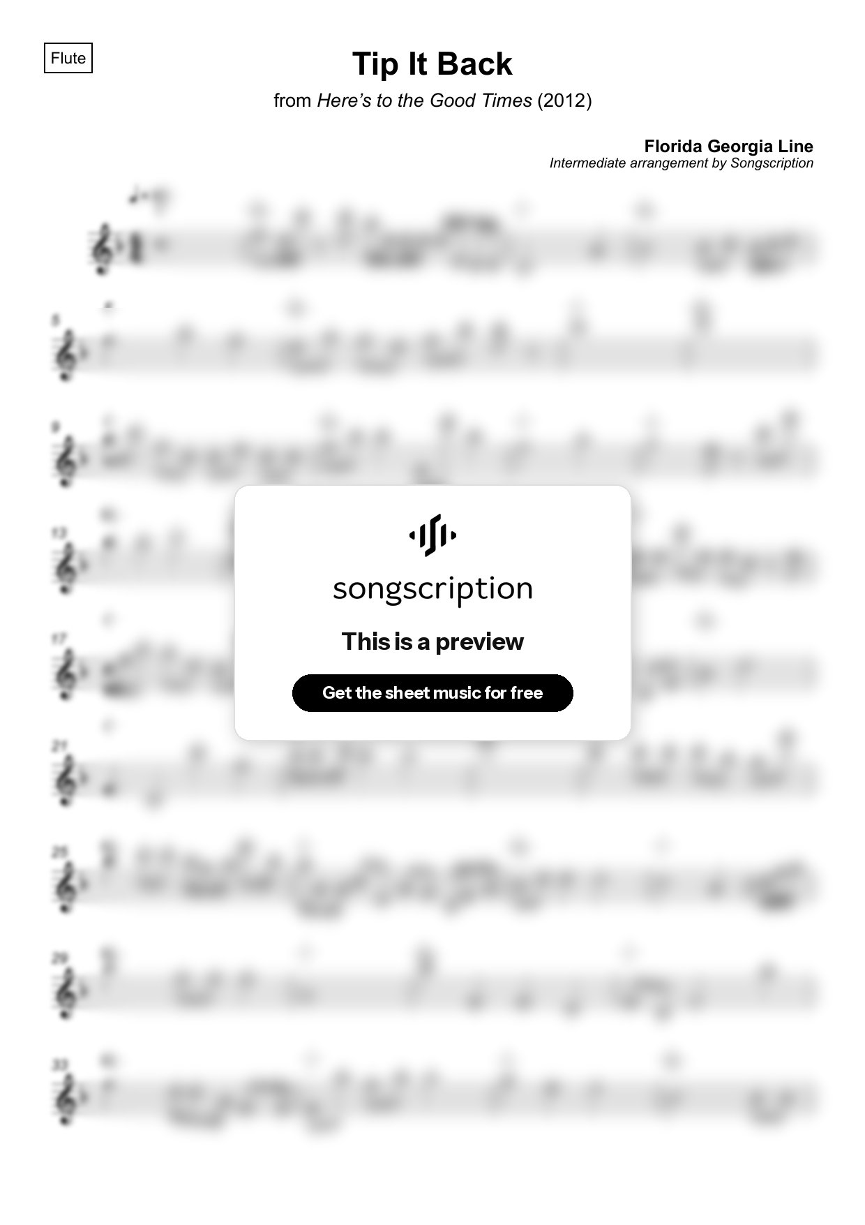 Intermediate Flute Sheet Music for "Tip It Back" by Florida Georgia Line