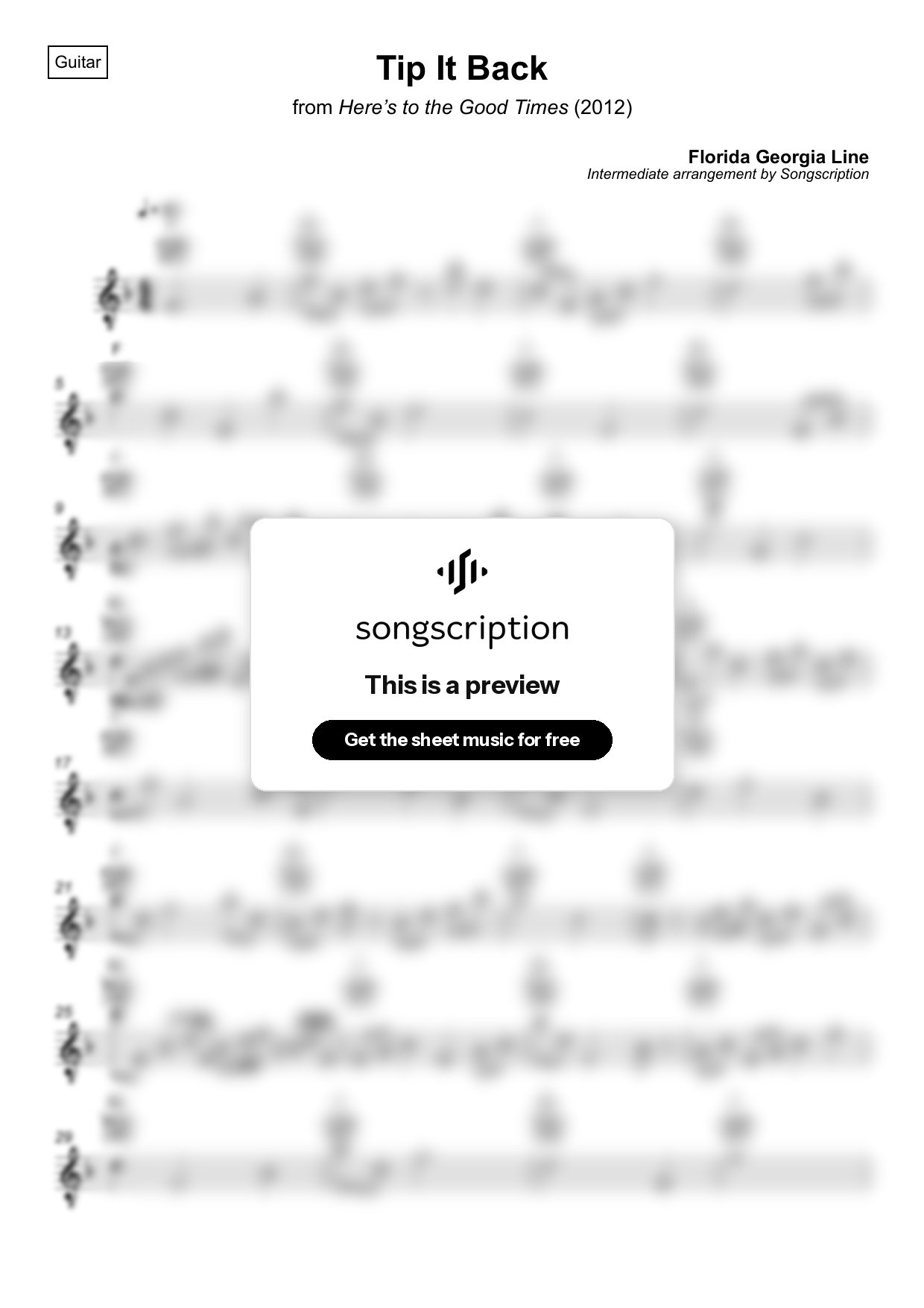 Intermediate Acoustic Guitar Sheet Music for "Tip It Back" by Florida Georgia Line