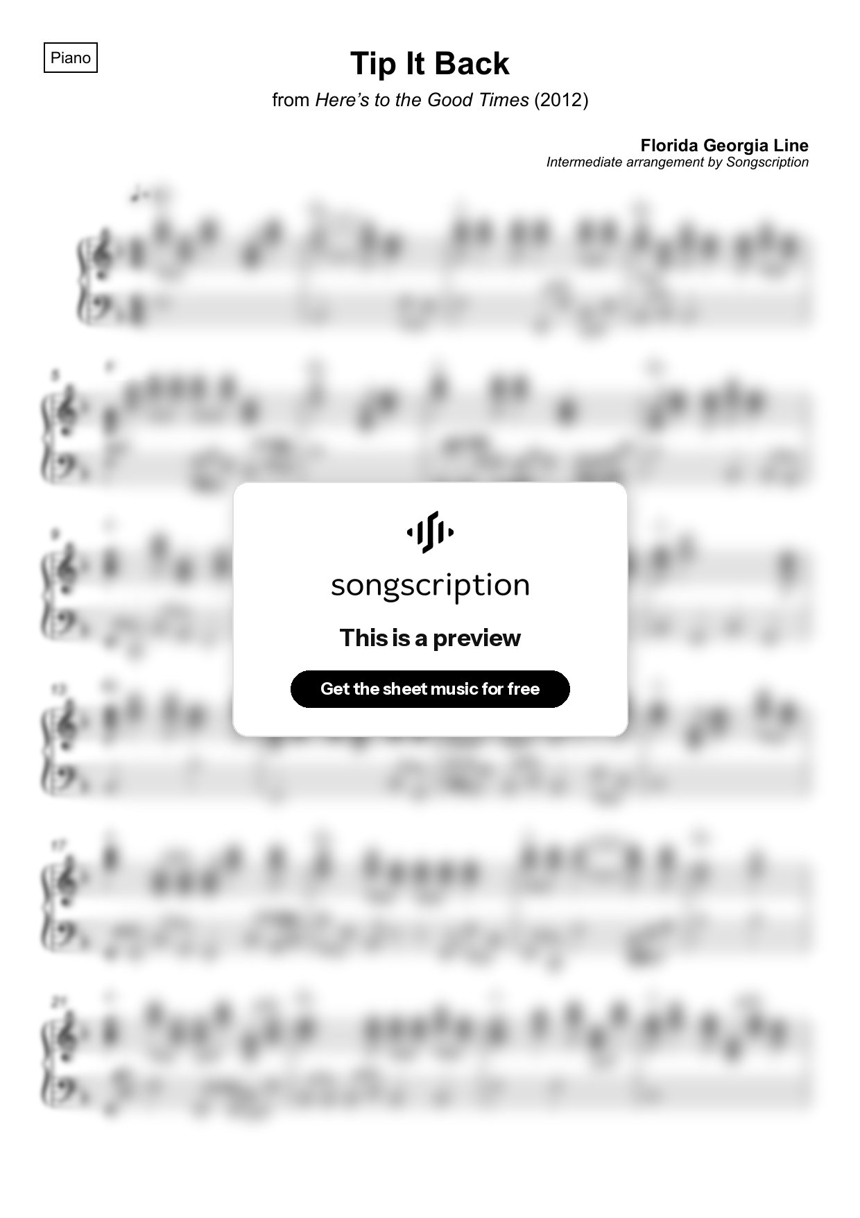 Intermediate Piano Sheet Music for "Tip It Back" by Florida Georgia Line