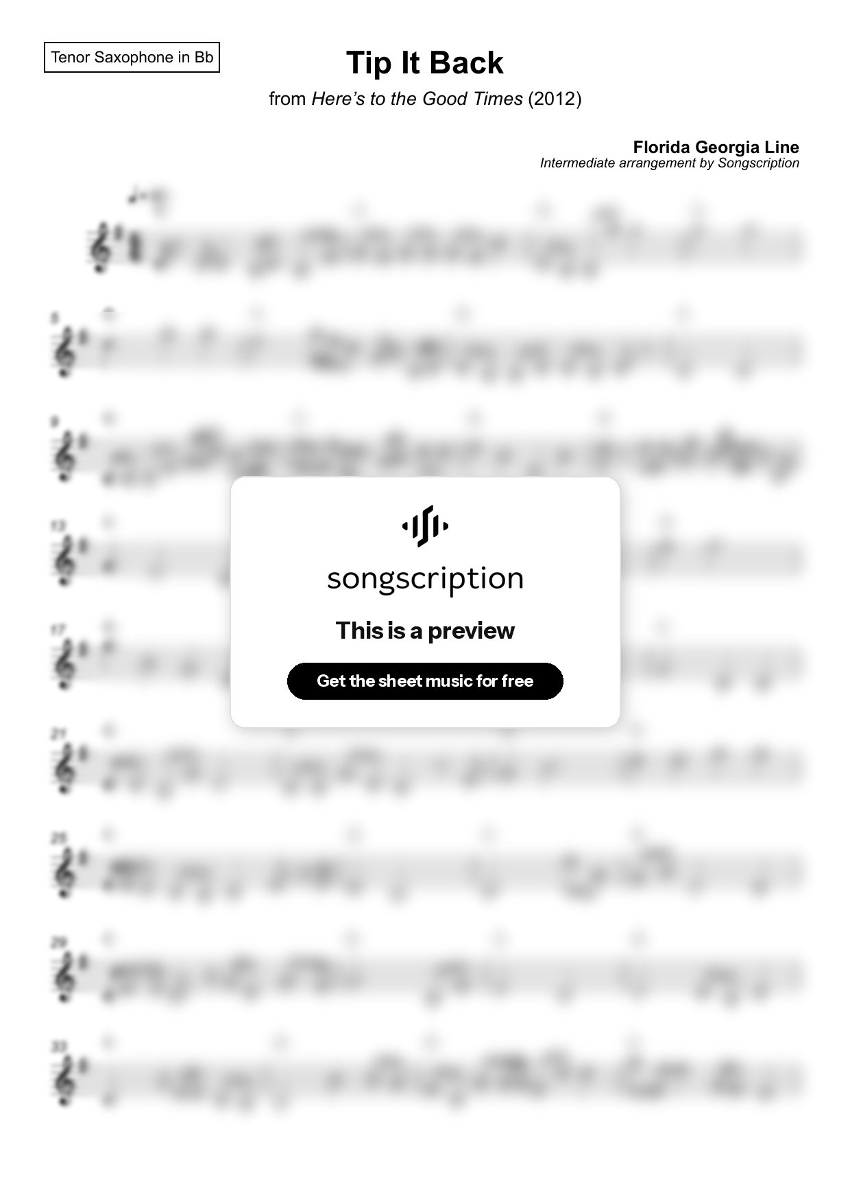 Intermediate Tenor Sax Sheet Music for "Tip It Back" by Florida Georgia Line