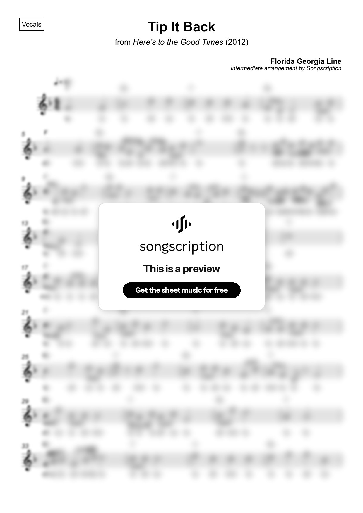 Intermediate Vocals Sheet Music for "Tip It Back" by Florida Georgia Line
