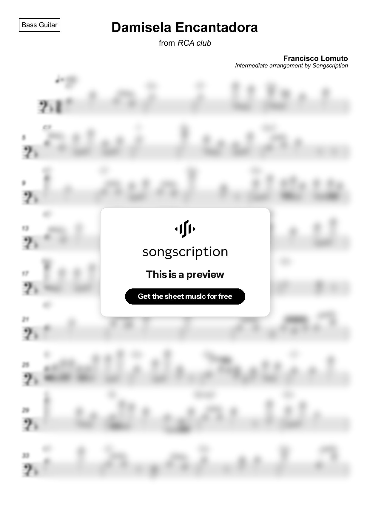 Intermediate Bass Guitar Sheet Music for "Damisela Encantadora" by Francisco Lomuto