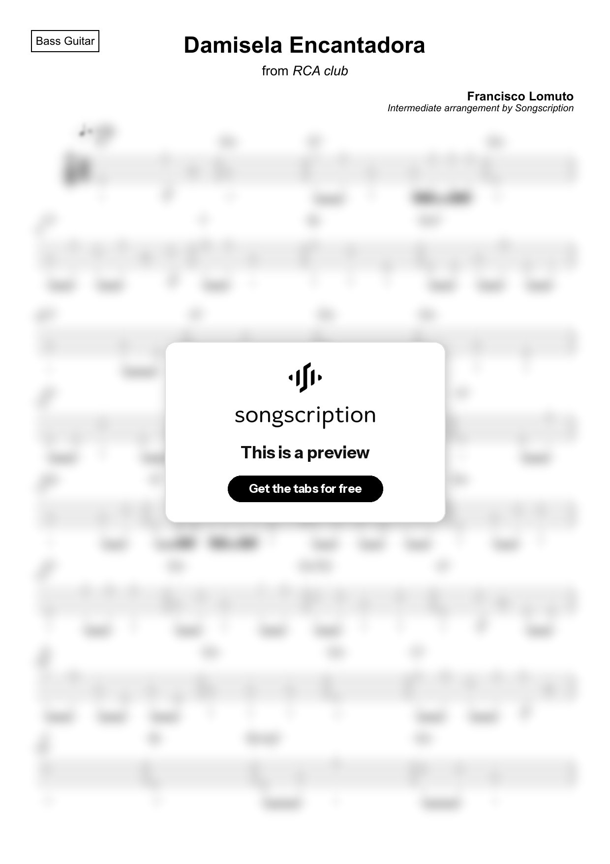 Intermediate Bass Guitar Tabs for "Damisela Encantadora" by Francisco Lomuto