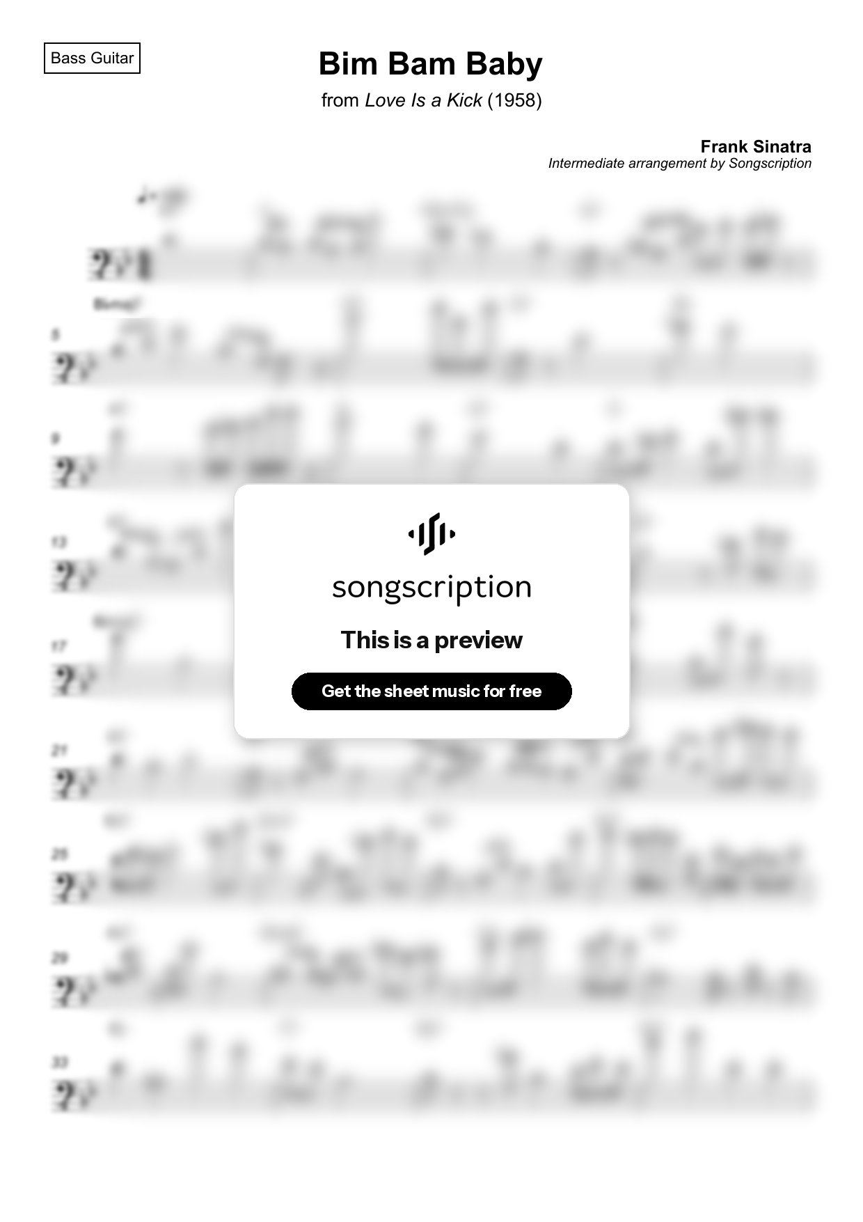 Intermediate Bass Guitar Sheet Music for "Bim Bam Baby" by Frank Sinatra