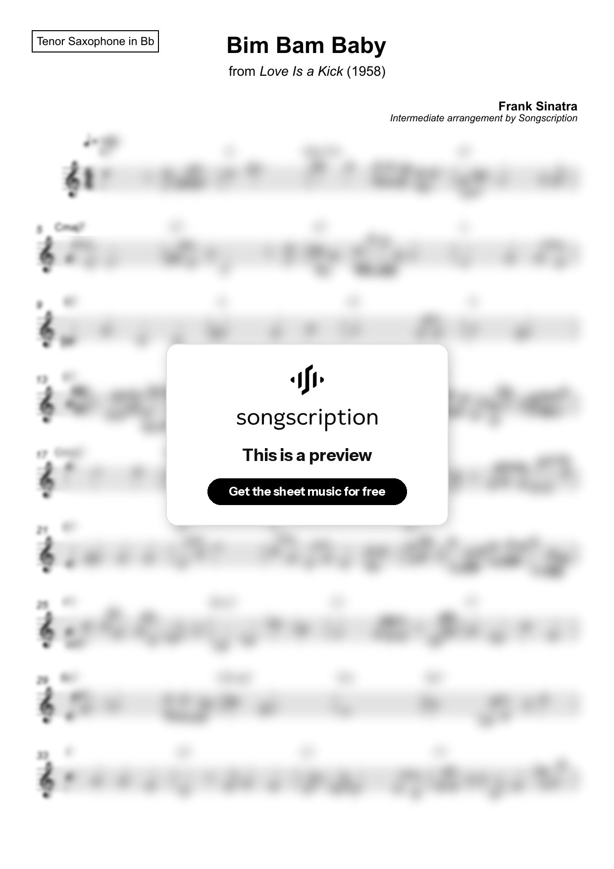 Intermediate Tenor Sax Sheet Music for "Bim Bam Baby" by Frank Sinatra