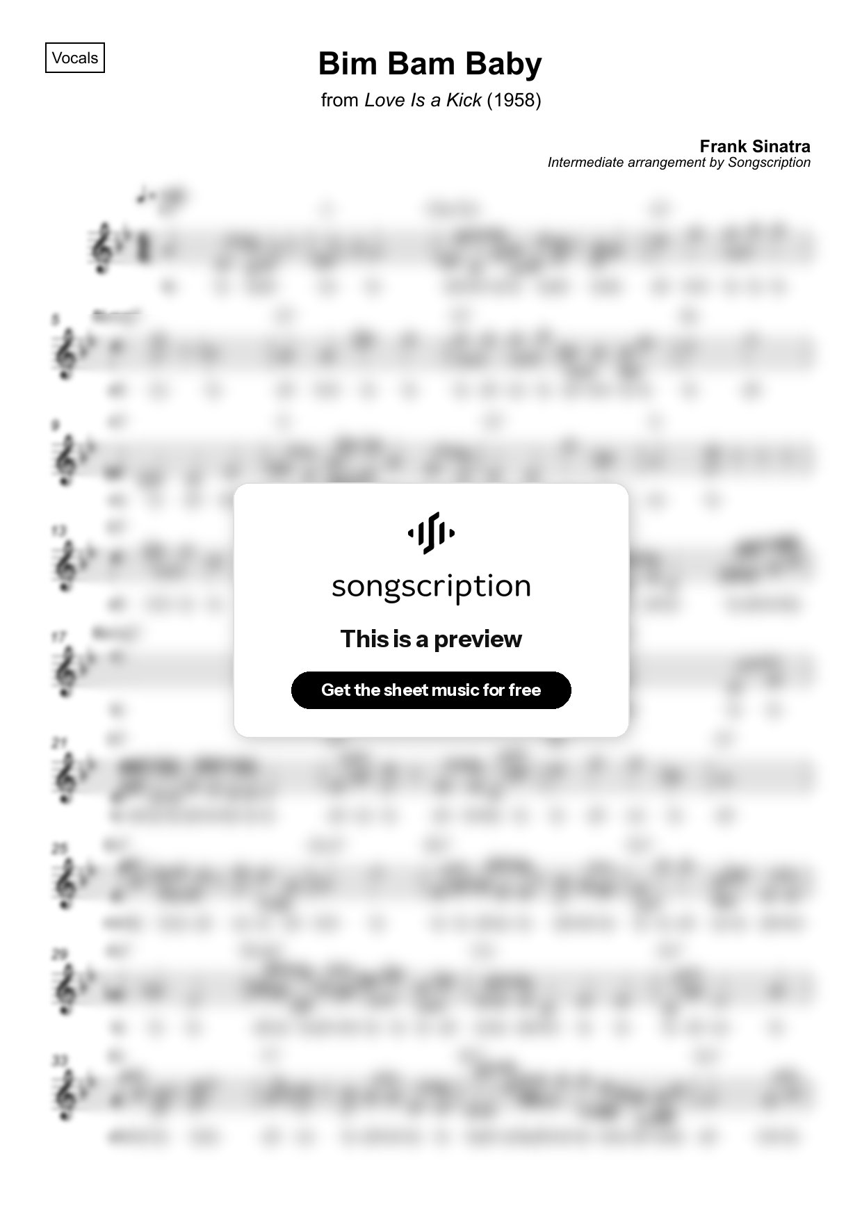 Intermediate Vocals Sheet Music for "Bim Bam Baby" by Frank Sinatra