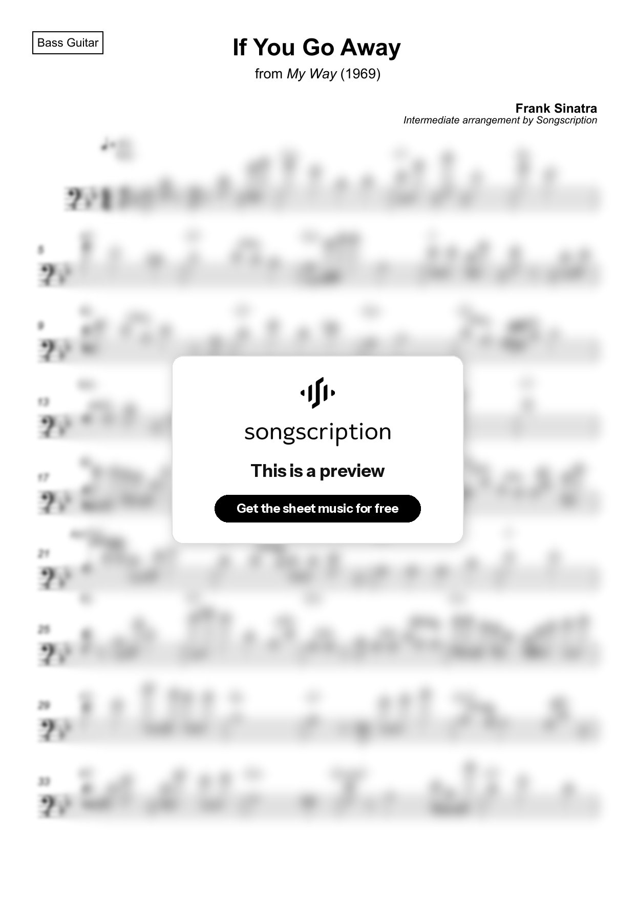 Intermediate Bass Guitar Sheet Music for "If You Go Away" by Frank Sinatra