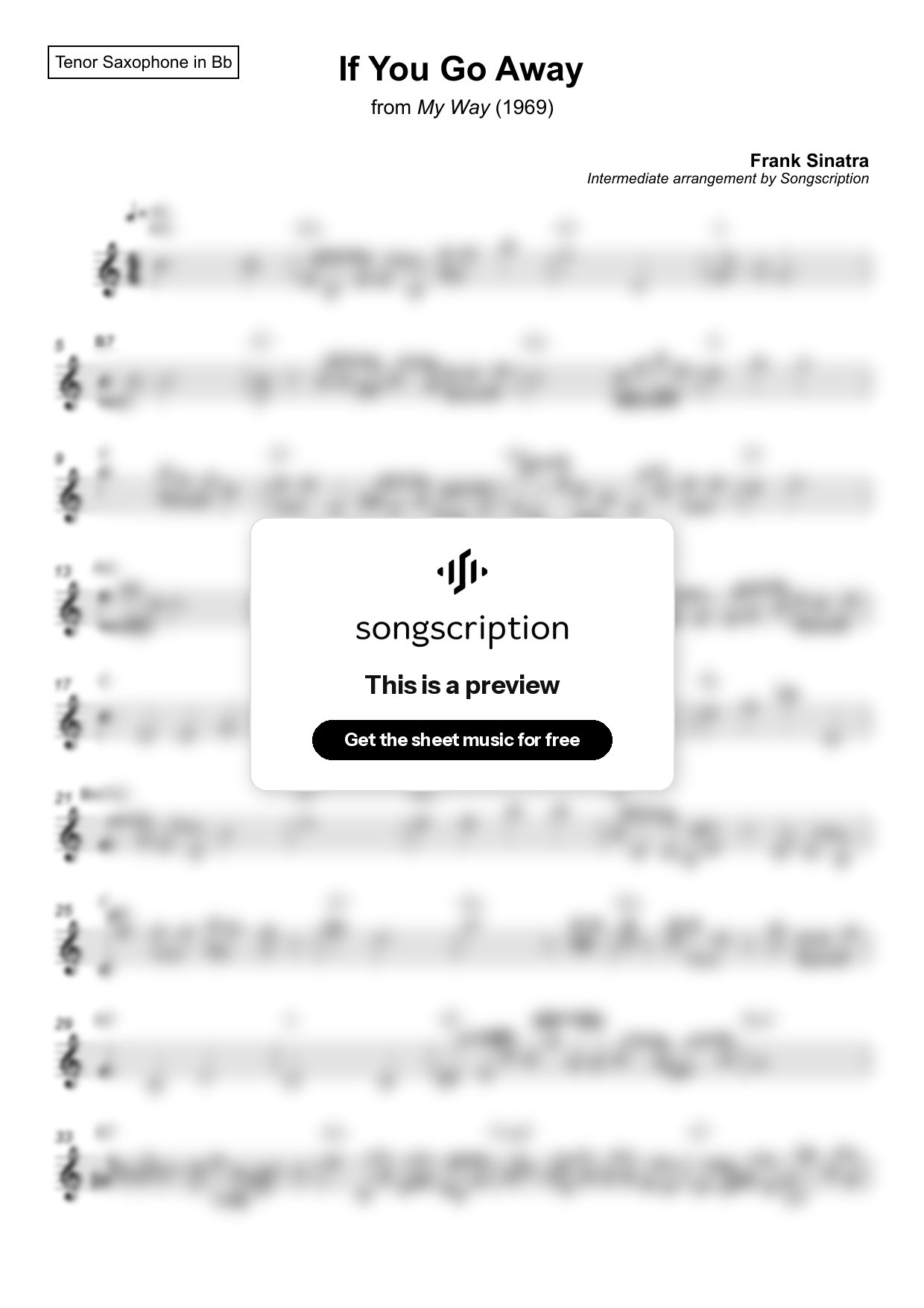 Intermediate Tenor Sax Sheet Music for "If You Go Away" by Frank Sinatra