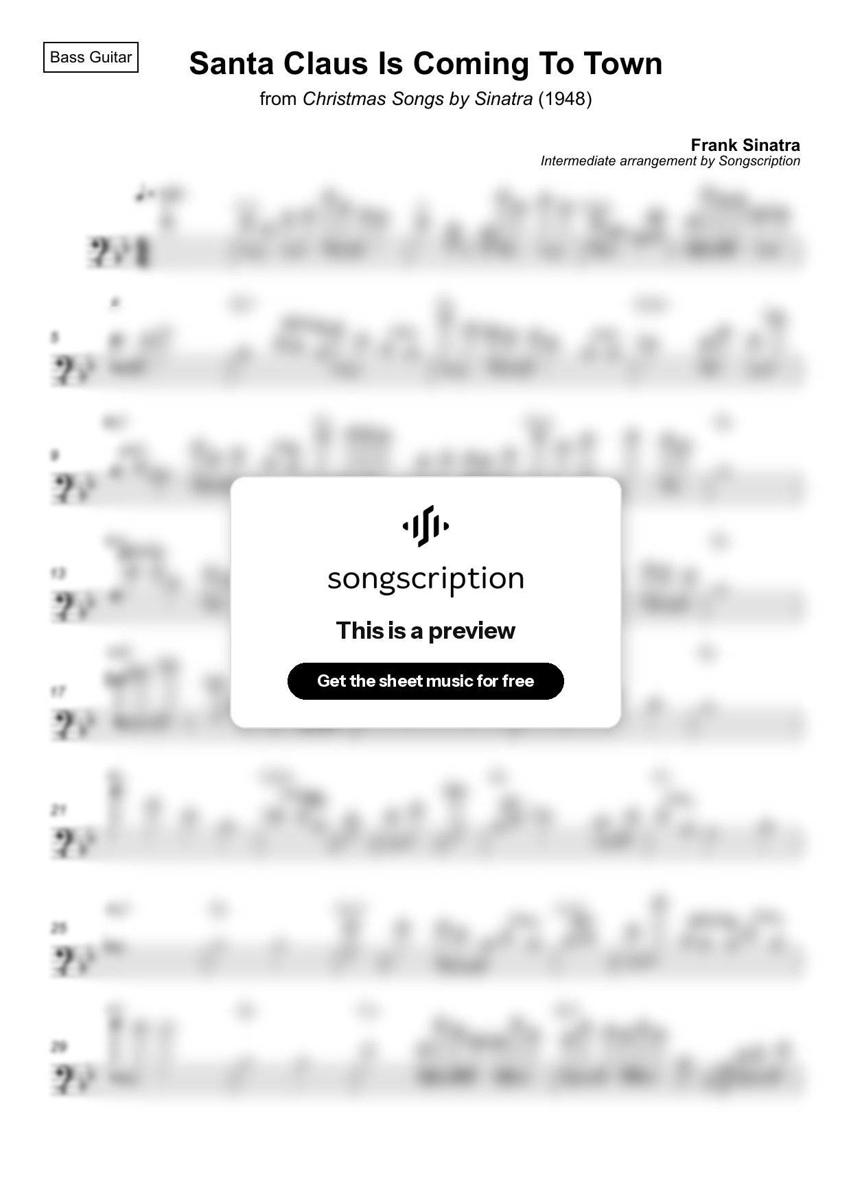 Intermediate Bass Guitar Sheet Music for "Santa Claus Is Coming To Town" by Frank Sinatra