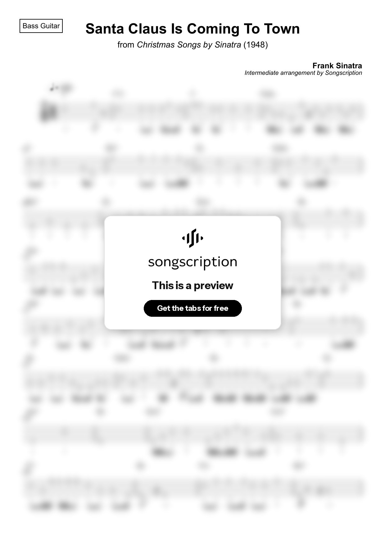 Intermediate Bass Guitar Tabs for "Santa Claus Is Coming To Town" by Frank Sinatra