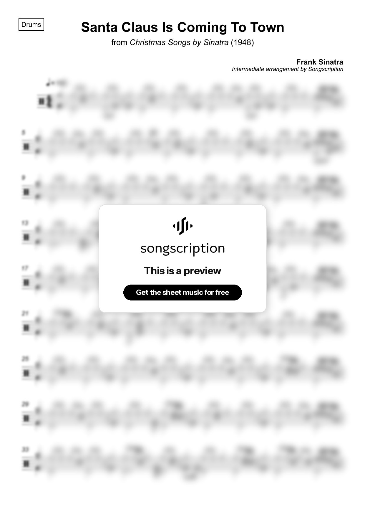 Intermediate Drums Sheet Music for "Santa Claus Is Coming To Town" by Frank Sinatra