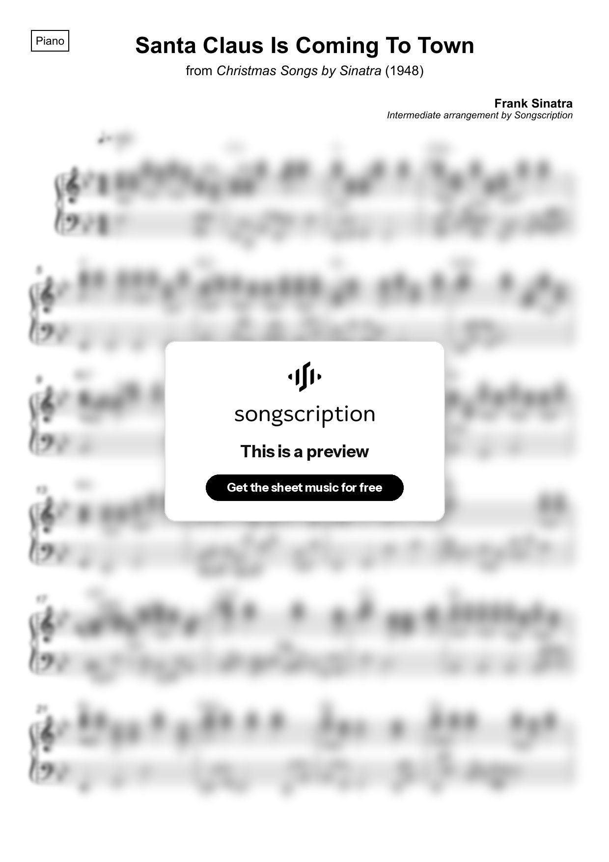 Intermediate Piano Sheet Music for "Santa Claus Is Coming To Town" by Frank Sinatra