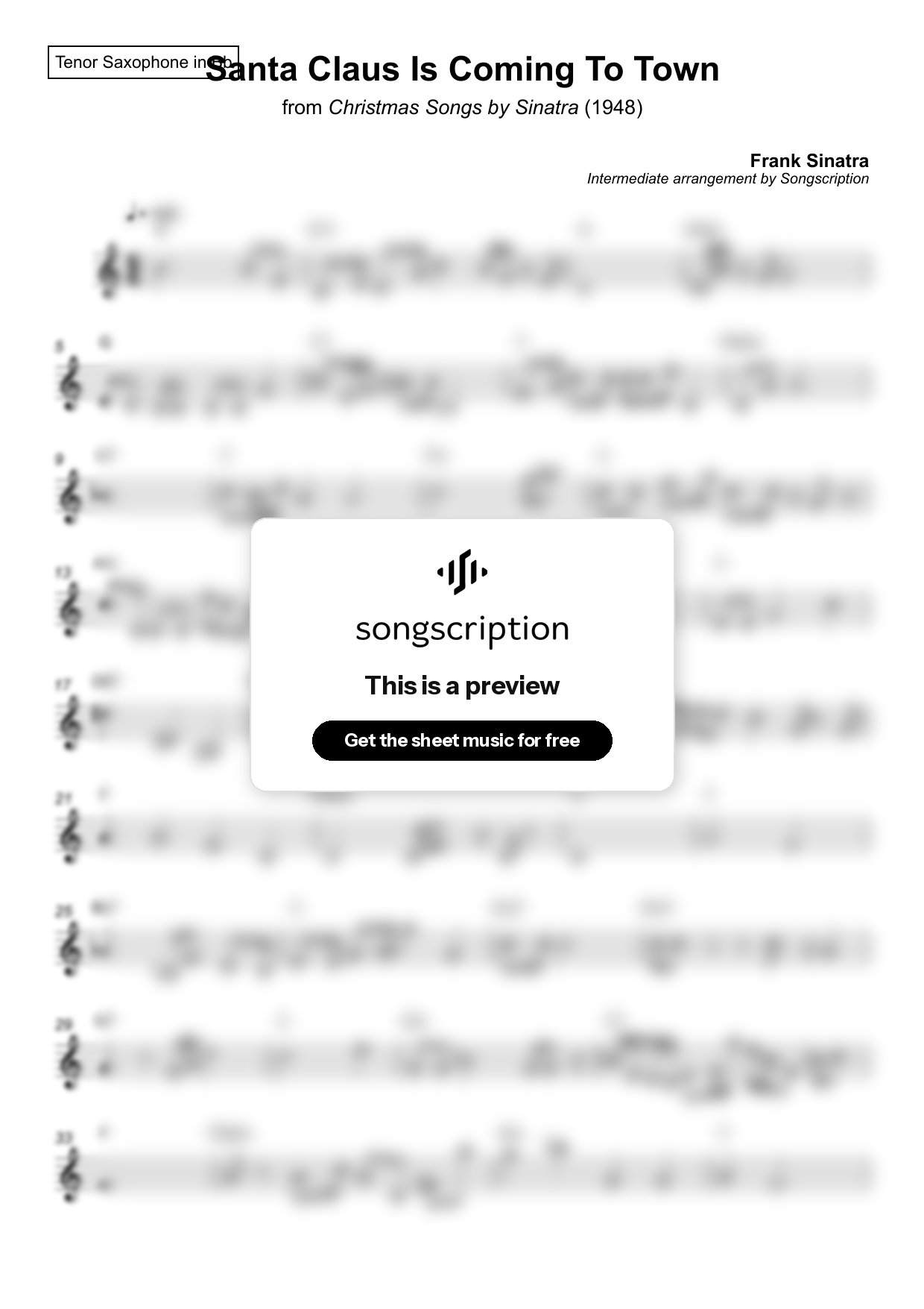 Intermediate Tenor Sax Sheet Music for "Santa Claus Is Coming To Town" by Frank Sinatra
