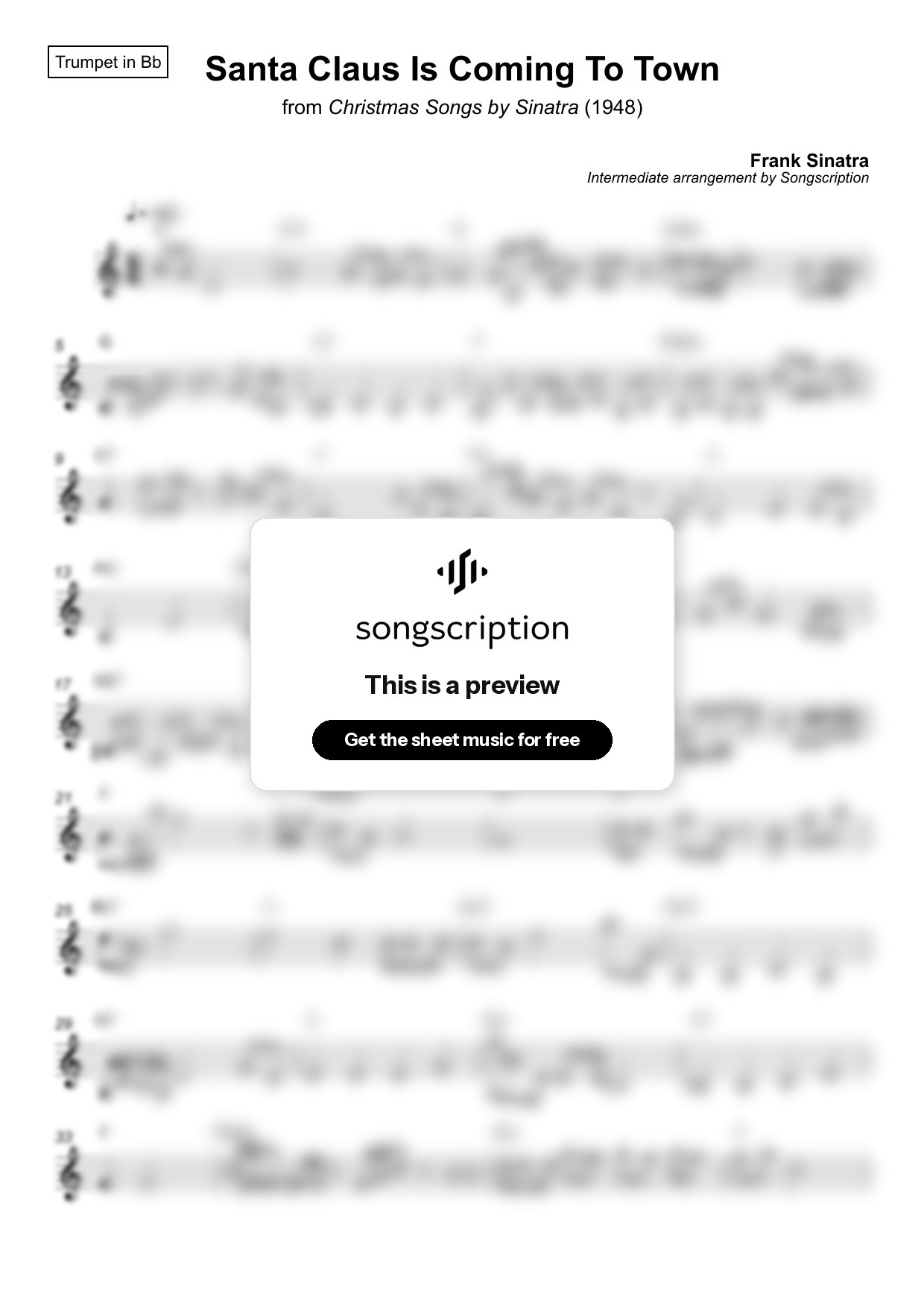 Intermediate Trumpet Sheet Music for "Santa Claus Is Coming To Town" by Frank Sinatra