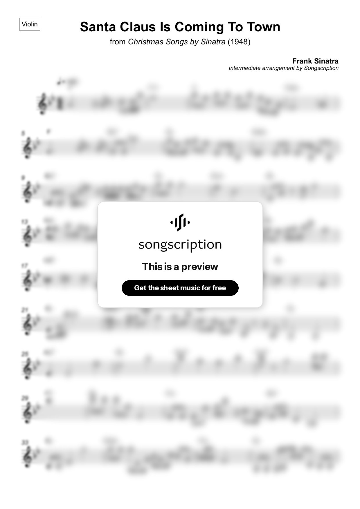 Intermediate Violin Sheet Music for "Santa Claus Is Coming To Town" by Frank Sinatra