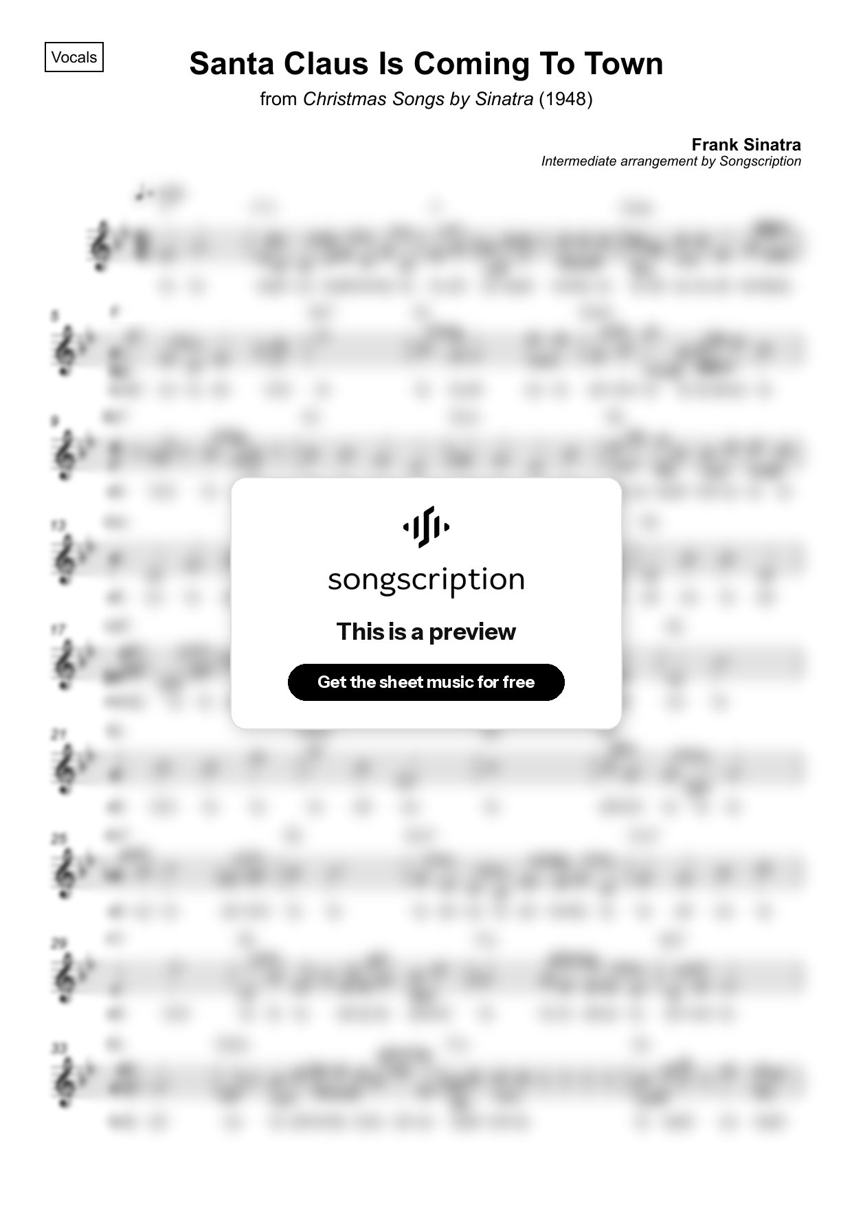 Intermediate Vocals Sheet Music for "Santa Claus Is Coming To Town" by Frank Sinatra
