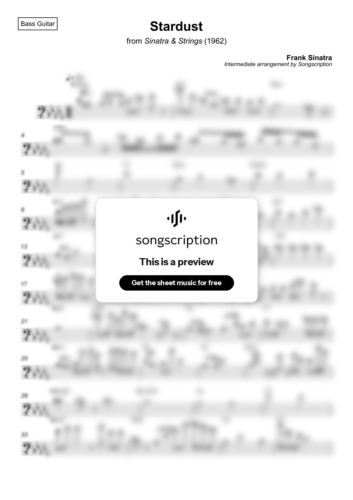 Intermediate Bass Guitar Sheet Music for "Stardust" by Frank Sinatra