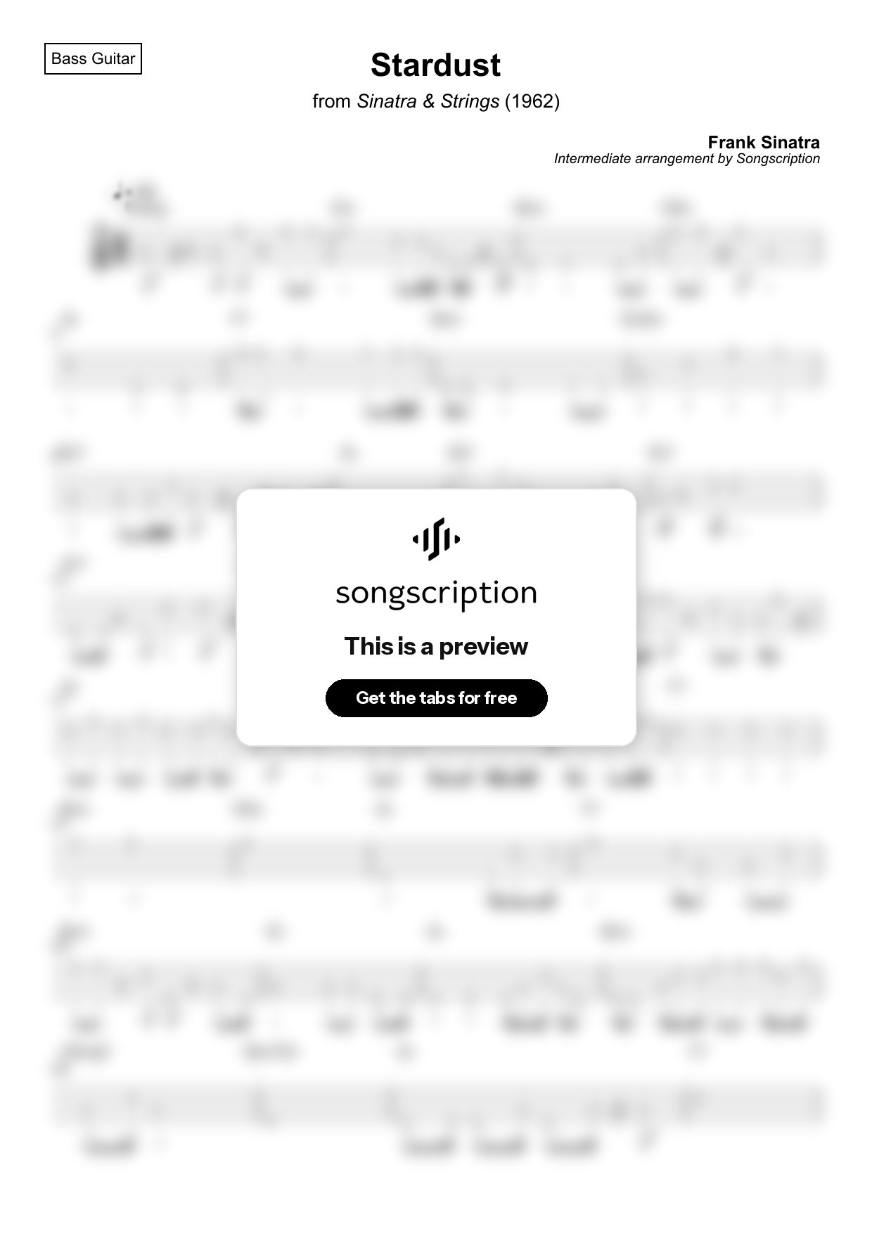 Intermediate Bass Guitar Tabs for "Stardust" by Frank Sinatra