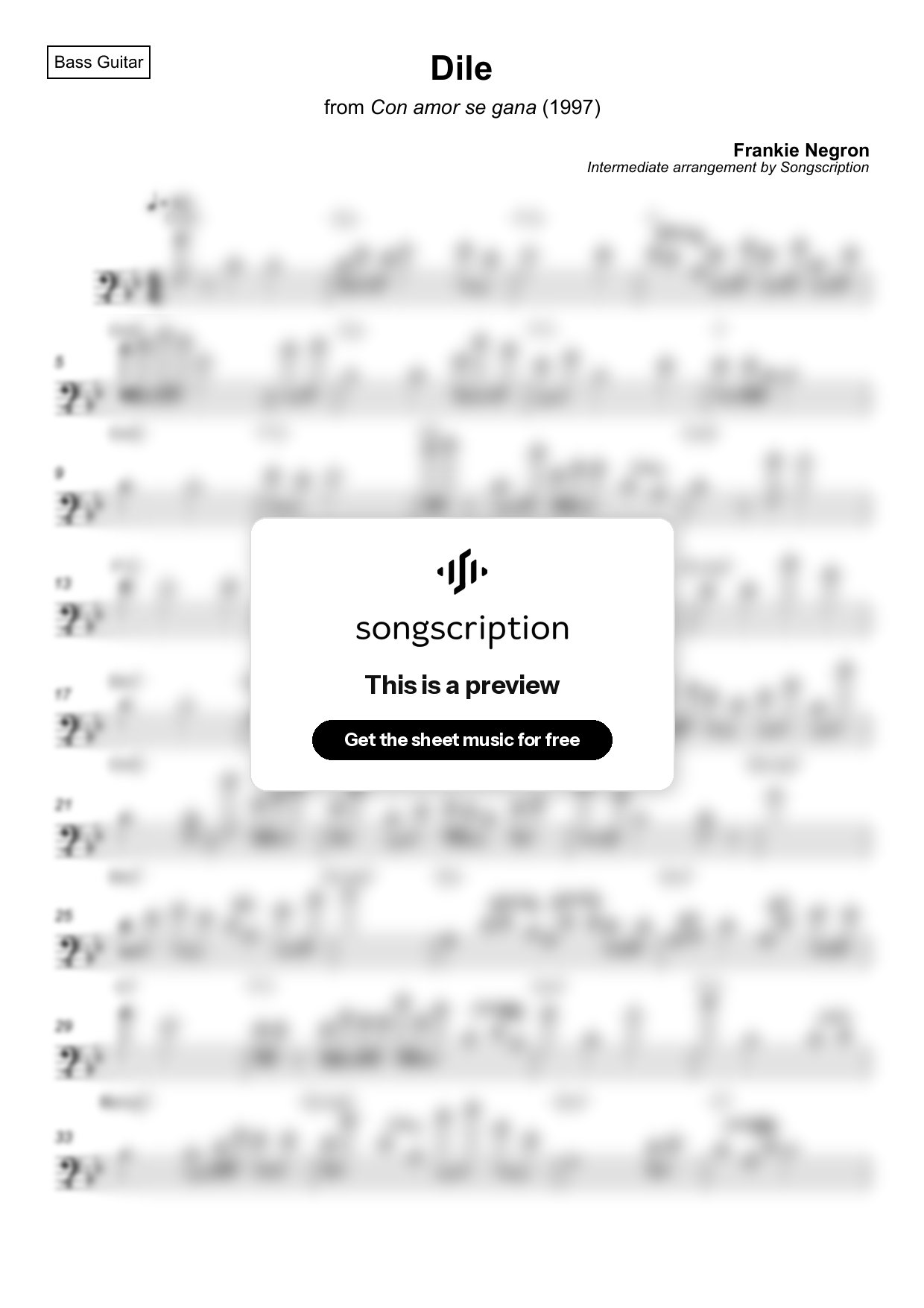 Intermediate Bass Guitar Sheet Music for "Dile" by Frankie Negron