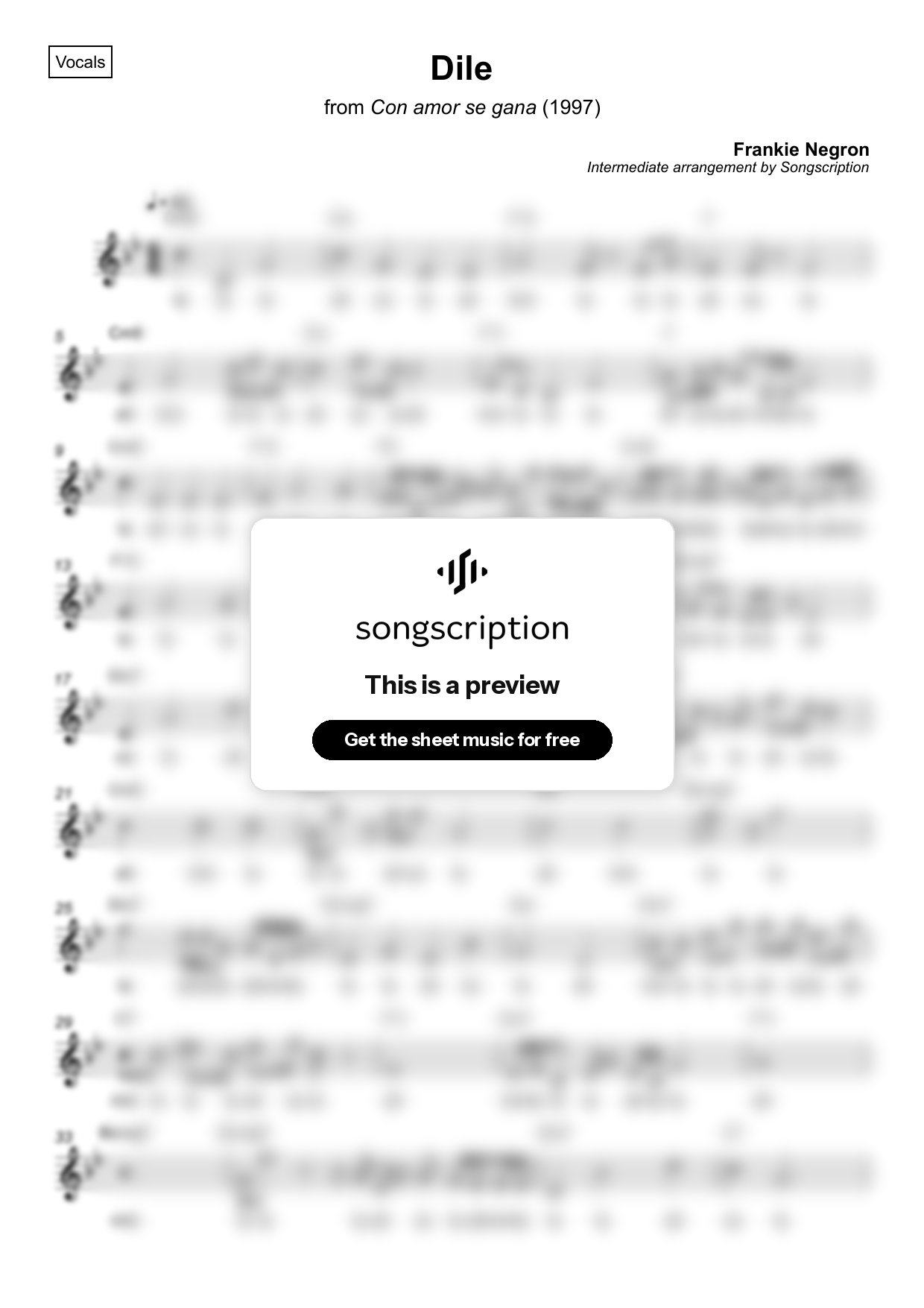 Intermediate Vocals Sheet Music for "Dile" by Frankie Negron