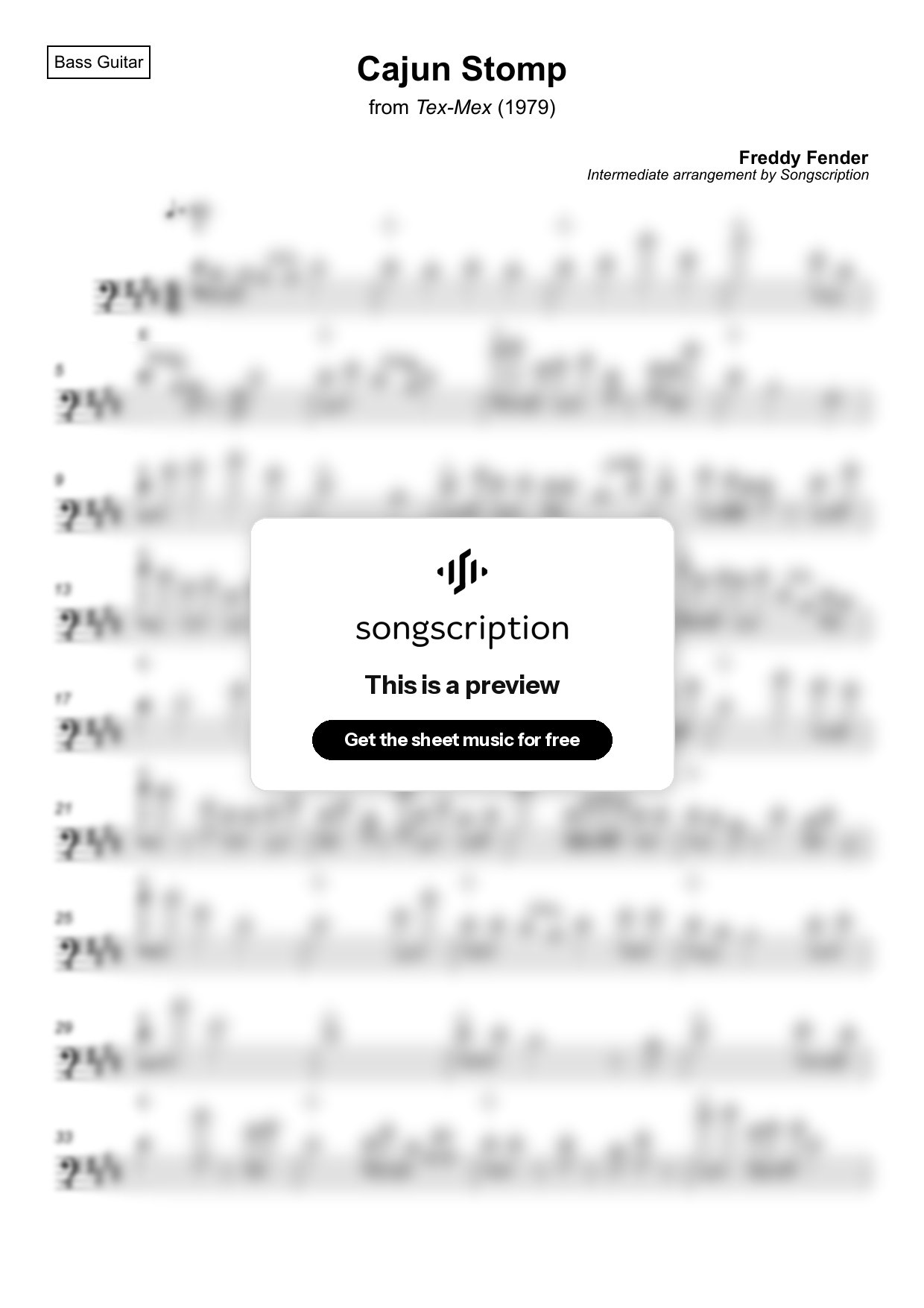 Intermediate Bass Guitar Sheet Music for "Cajun Stomp" by Freddy Fender